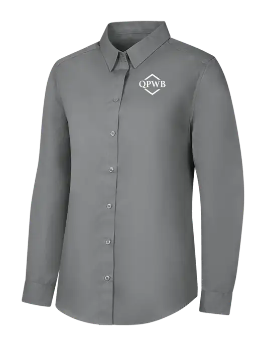 Womens Medium Grey Long Sleeve Carefree Poplin Shirt w/QPWB Logo