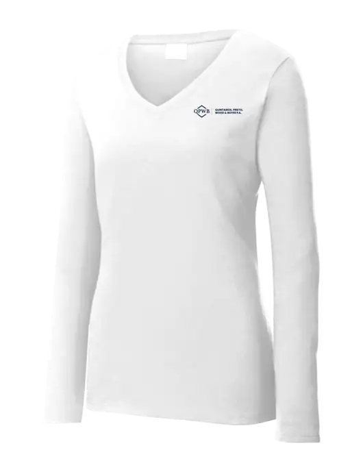 Womens  V-Neck Ring Spun White 4.5 oz Long Sleeve T-Shirt w/QPWB Logo