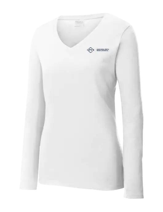 Womens  V-Neck Ring Spun White 4.5 oz Long Sleeve T-Shirt w/QPWB Logo