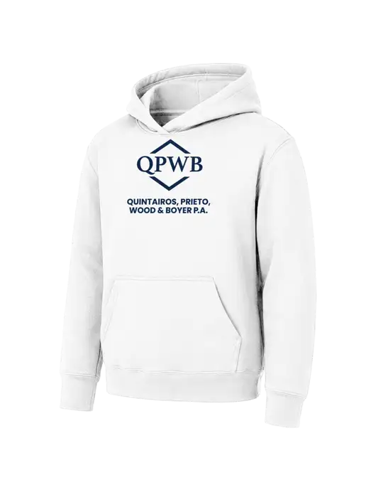 Youth White 7.8 oz Pullover Hooded Sweatshirt w/QPWB Logo