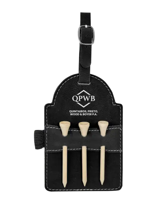 Black Leatherette Golf Bag Tag with 3 Wooden Tees w/QPWB Logo