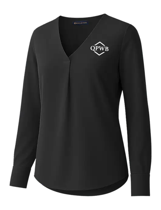 Brooks Brothers Womens Black Open-Neck Satin Blouse  w/QPWB Logo