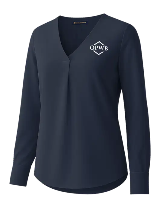 Brooks Brothers Womens Dark Navy Open-Neck Satin Blouse  w/QPWB Logo