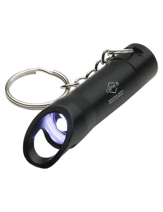 Black Pocket LED Flashlight with Bottle Opener & Keychain w/QPWB Logo