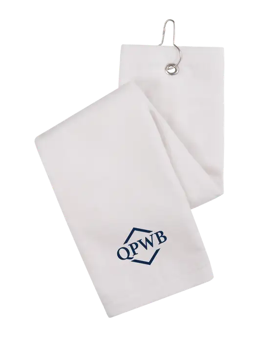White Tri-Fold Golf Towel with Grommet w/QPWB Logo